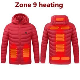 Men 9 Areas Heated Jacket USB Winter Outdoor Electric Heating Jackets Warm Sprots Thermal Coat Clothing Heatable Cotton jacket (Color: 9 Areas heated Red, size: 5XL)